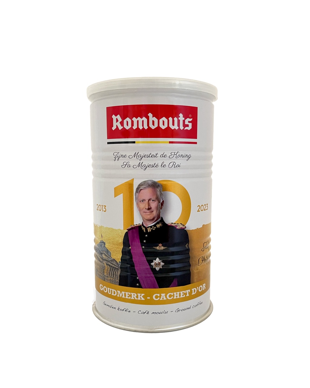 Speciale editie metalen blik van de Koninklijke Romboits Goudmerk-koffie, versierd met een afbeelding van Koning Filip ter ere van zijn tienjarig koningschap.