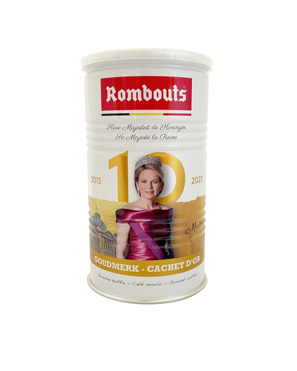 Speciale editie metalen blik van de RomboutsKoninklijke Goudmerk-koffie, versierd met een afbeelding van Koningin Mathilde ter ere van haar tienjarig koningschap.