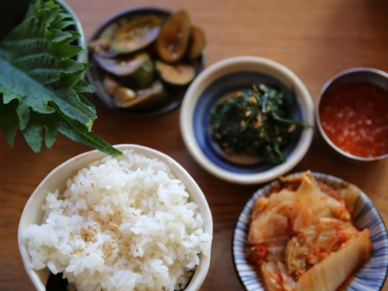 Assortiment van authentieke Koreaanse gerechten, inclusief kimchi, gegrilde makreel, en stir-fried octopus, smaakvol gepresenteerd op uniek keramiek servies.