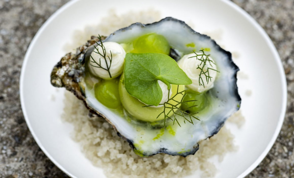 Chef Laurent Law's signature dish: Zeeuwse oester met ijspastille van bleekselderij en groene appel