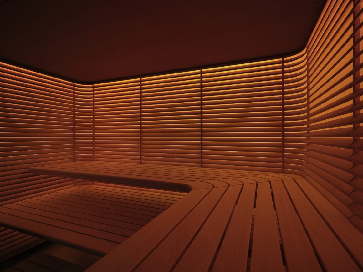  Another perspective of a sauna, but this time with warm orange lighting. This gives the room a cozy and relaxing atmosphere.