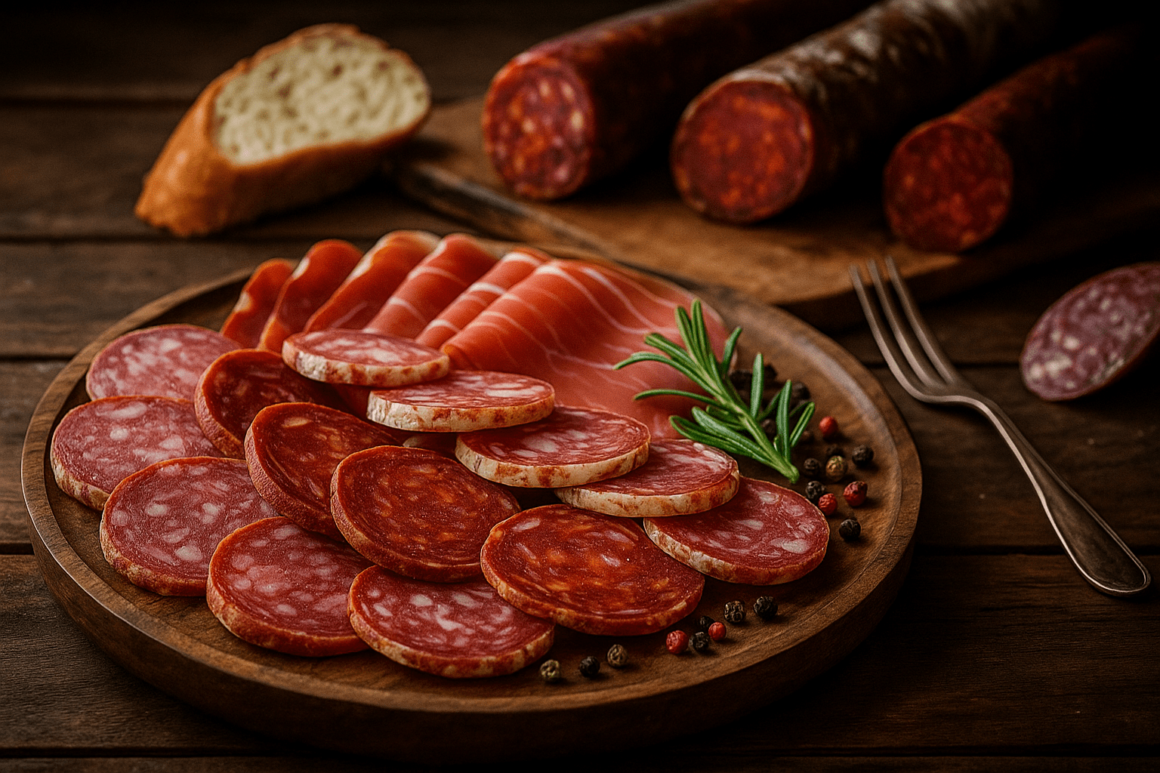 Rustieke houten plank met diverse fijne vleeswaren (salami, chorizo, prosciutto), gegarneerd met verse rozemarijn, gekleurde peperkorrels en een sneetje ambachtelijk brood.