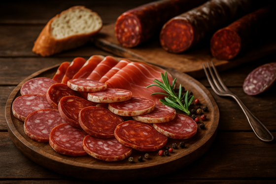 Rustieke houten plank met diverse fijne vleeswaren (salami, chorizo, prosciutto), gegarneerd met verse rozemarijn, gekleurde peperkorrels en een sneetje ambachtelijk brood.