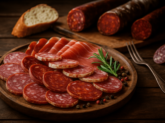 Rustieke houten plank met diverse fijne vleeswaren (salami, chorizo, prosciutto), gegarneerd met verse rozemarijn, gekleurde peperkorrels en een sneetje ambachtelijk brood.