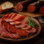 Rustieke houten plank met diverse fijne vleeswaren (salami, chorizo, prosciutto), gegarneerd met verse rozemarijn, gekleurde peperkorrels en een sneetje ambachtelijk brood.